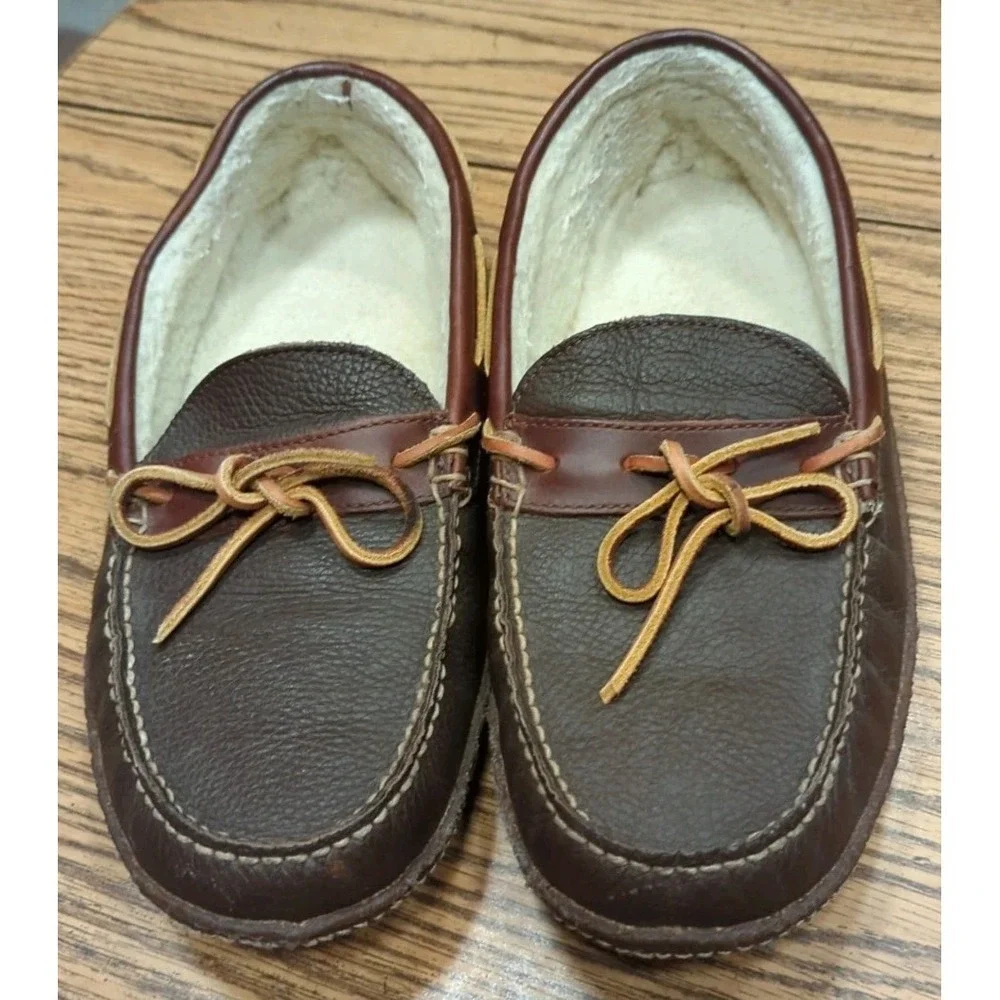 L.L. Bean Mens Moccasin Slippers Brown‎ Leather Moc Toe Bow Shearling Lined 11M
